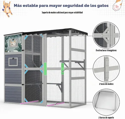 Vista 4 de COZIWOW Catio grande de madera para gatos, recinto al aire libre con techo resistente a la intemperie, 2 salas de descanso, 2 plataformas, corralito