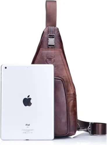 Vista 4 de Bolso de pecho de cuero genuino para hombre, bolso cruzado de hombro, bandolera, mochila de mensajero, mochila para negocios, casual