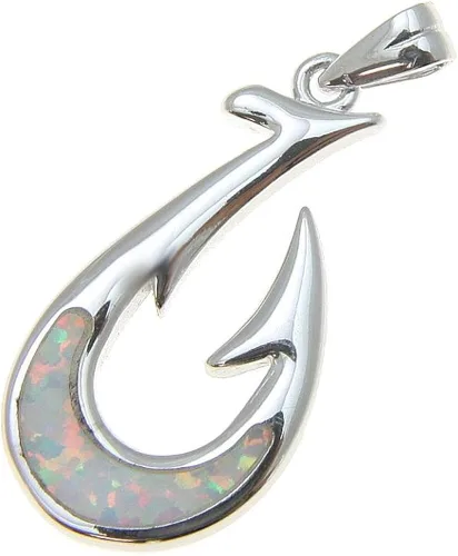 Vista 2 de Plata de ley 925rodio Hawaiian anzuelo colgante encanto blanco de ópalo