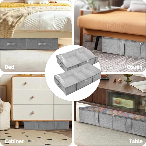 Vista 5 de Paquete de 2 cajas de almacenamiento de juguetes debajo de la cama, organizador de juguetes gris con tapa de PVC transparente, contenedores