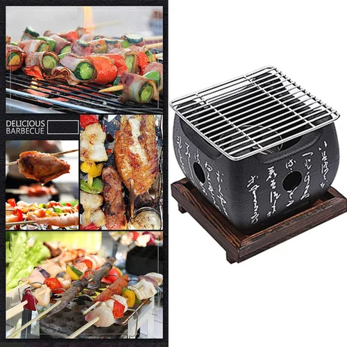 Vista 4 de Parrilla de barbacoa japonesa - Estufa de carbón portátil con placa de barbacoa y accesorios