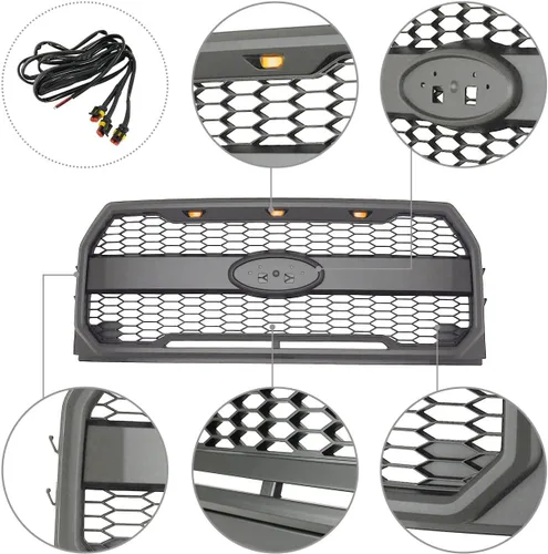 Vista 2 de Rejilla superior delantera apta para F150 2015-2017 con luz ámbar estilo de malla gris