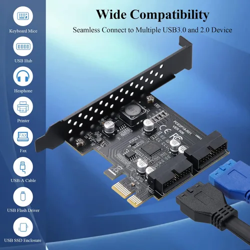 Vista 2 de Tarjeta de expansión PCIe de 1 x a 2 puertos y 19 pines, USB 3.2 Gen 1 5 Gbps SuperSpeed PCI Express adaptador USB, compatible con Windows