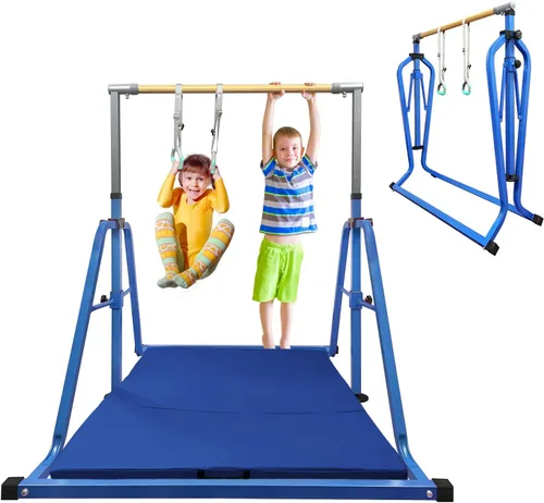 Vista 13 de GLANT Barra de gimnasia para niños con juego de anillos, 7 alturas ajustables, fácil de plegar, barra de entrenamiento de gimnasia para niños