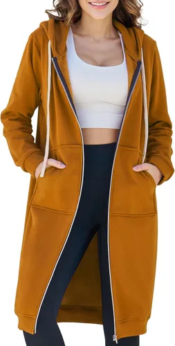 Vista 8 de Ablanczoom Sudaderas largas con cremallera para mujer, cómodas sudaderas de forro polar a la moda, chaquetas casuales con bolsillos Albaricoque
