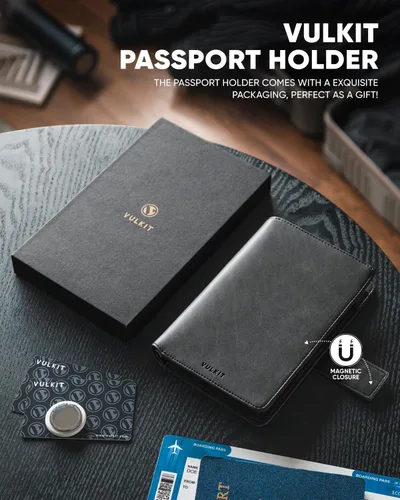 Vista 5 de VULKIT Cartera de pasaporte compatible con Airtag Holder Bifold Travel Card Holder, Negro