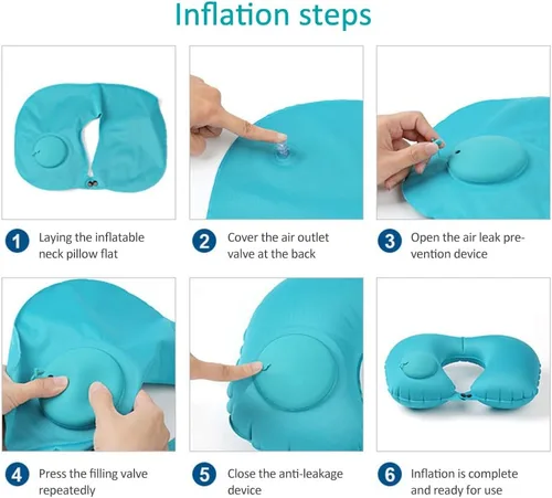 Vista 6 de 2 almohadas inflables de viaje, almohada inflable ajustable para el cuello, almohada inflable portátil en forma de U con máscara de ojos, tapón