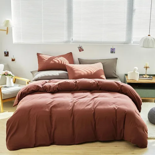 Vista 4 de Luxlovery - Juego de edredón color rojo ladrillo tamaño individual, juego de ropa de cama de 3 piezas, color rojo oscuro, suave, transpirable