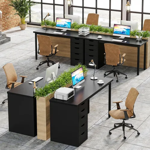 Vista 8 de Tribesigns Escritorio para computadora con 5 cajones, escritorio de oficina en casa de 47 pulgadas, color marrón rústico, con almacenamiento Negro