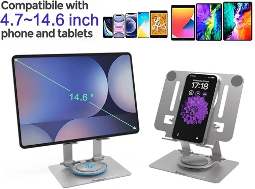 Vista 8 de Soporte para tablet para escritorio, soporte ajustable para tableta de escritorio, tableta plegable con base giratoria de 360 grados para iPad Pro