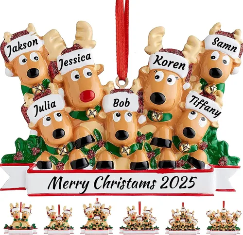 Vista 8 de Adorno personalizado de ciervo para árbol de Navidad, familia de 2,3,4,5,6,7,8 nombres, lindo reno de Papá Noel, decoración de Navidad 2025, regalo