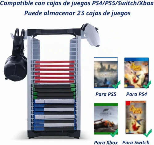 Vista 4 de Mcbazel Torre de soporte de almacenamiento de videojuegos para PS5/PS4/NS Switch/Switch2/Xbox, almacenamiento de disco de videojuegos y controlador