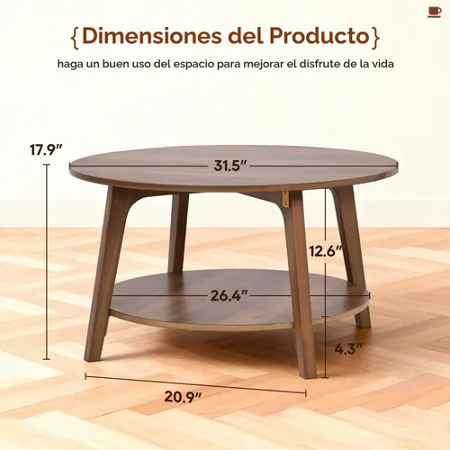 Vista 3 de [Usado] FDW Mesa auxiliar redonda de 2 niveles moderna de madera con almacenamiento para sala de estar, dormitorio u oficina, mesa de centro Marrón