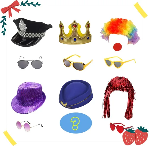 Vista 2 de Juego de 21 piezas de accesorios divertidos para cabina de fotos para adultos, varios disfraces, sombreros, gafas de sol divertidas, kits de cabina
