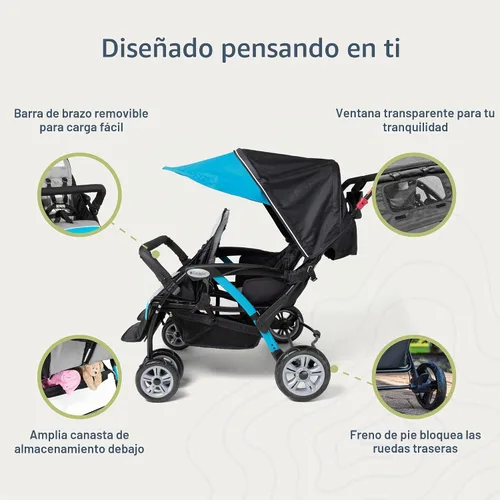 Vista 4 de Gaggle Compass Quad Cochecito plegable de 4 asientos, color negro Cochecito cuádruple con dosel, gran cesta de almacenamiento, arneses de 5 puntos
