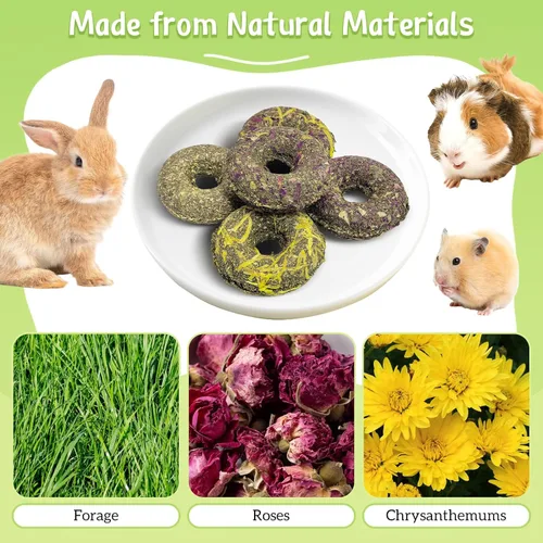 Vista 3 de Fhiny 10 juguetes masticables de conejo, golosinas de conejo con hierba natural y flores, pasteles de hierba molar para mascotas para conejillos