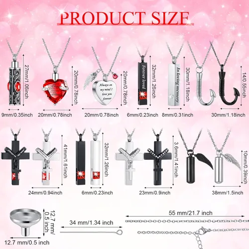 Vista 12 de 16 piezas de collar de urna para cenizas, medallón de cenizas talladas de acero inoxidable impermeable con 8 kit de relleno, cilindro de corazón