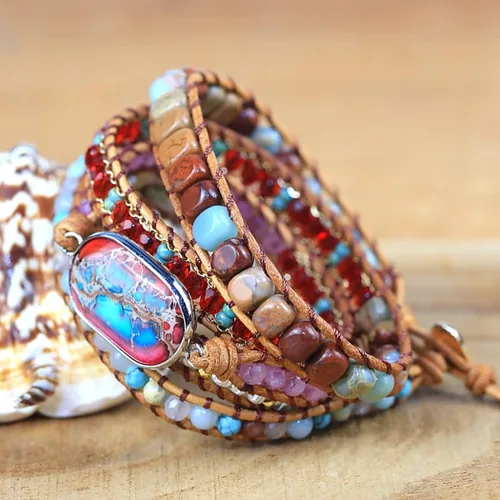 Vista 6 de ZOSOJONA Pulsera envolvente para mujer, estilo bohemio, con cuentas de cristal de jaspe natural, Cuero, Ágata