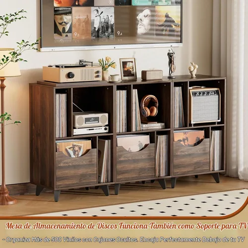 Vista 2 de Bikoney - Soporte para tocadiscos con almacenamiento de vinilo, nogal