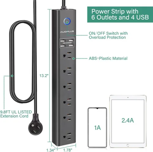 Vista 5 de AUOPLUS Regleta de alimentación con protector de sobretensiones de 10 pies, 6 salidas de CA con 4 puertos USB, cable de extensión largo