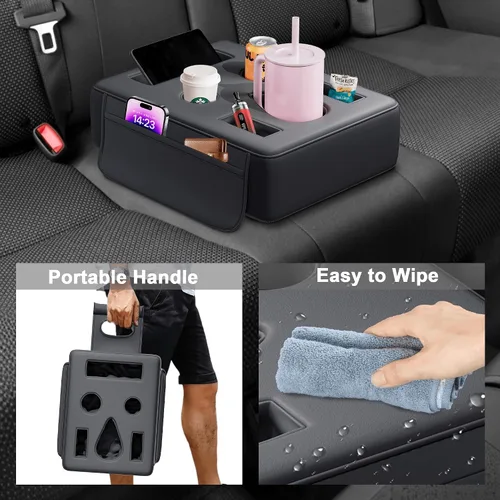 Vista 8 de Portavasos de auto mejorado 2026, 8 en 1, soporte para tazas de asiento trasero para automóvil, organizador de asiento trasero de cuero sintético