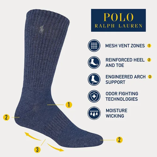 Vista 2 de POLO RALPH LAUREN Men's Athletic Performance Cotton Crew Socks-6 Pair Pack-Breathable Mesh & Sport Moisture Wicking