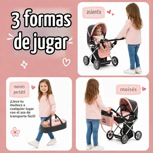 Vista 4 de Cochecito Convertible de Muñeca de Bebé con Portabebés de Viaje Extraíble para Niños, Mango Ajustable, Cochecito con Toldo y Cesta