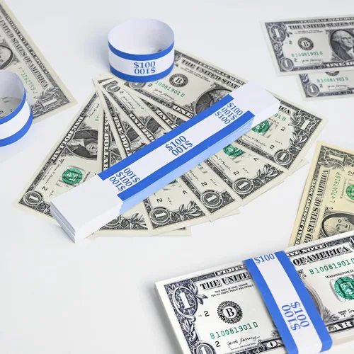 Vista 6 de L LIKED 100 correas de moneda bandas de dinero - Autosellado (azul $100) Envoltorios de billetes, 100 PC, papel kraft, para bancos, minoristas