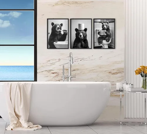 Vista 7 de Divertido lienzo de oso negro para baño, arte de pared moderno en blanco y negro, imágenes de adorable oso con impresiones de papel higiénico, obras