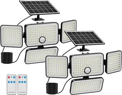 Vista 12 de 1 reflector solar de 3000 lm para exteriores con panel solar mejorado, 4 luces con sensor de movimiento de cabeza, luz de inundación con cable