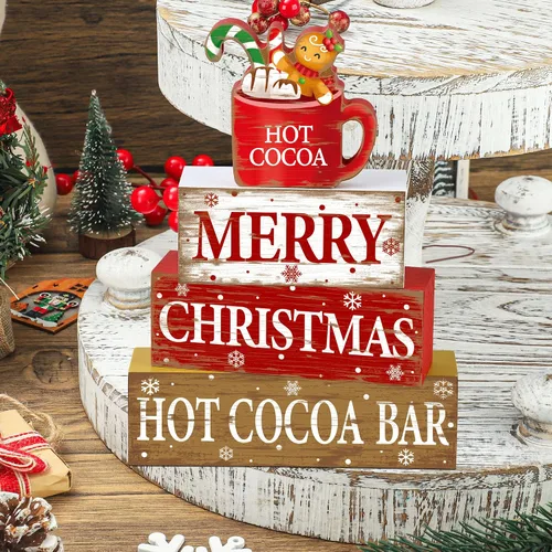 Vista 7 de 4 piezas de decoración de mesa de madera de Navidad rústica de cacao caliente, letrero de bloque de madera de cacao caliente, centro de mesa