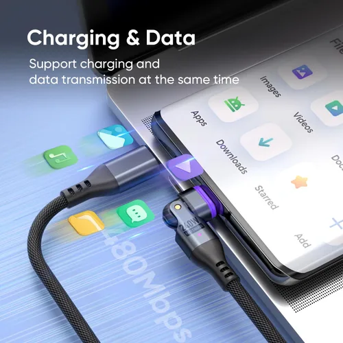 Vista 6 de Cable de carga magnético de 240 W, cable de datos magnético USBC a USB C giratorio de 180°, cable de carga rápida para teléfono micro USB