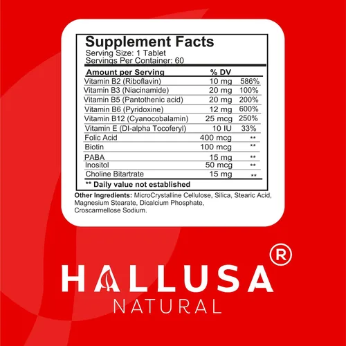 Vista 6 de Hallusa Natural - Equilibrar el complejo de vitamina B - Energía, función de las células cerebrales, vitamina B2, B3, B5, B6, B12-suministro de 60