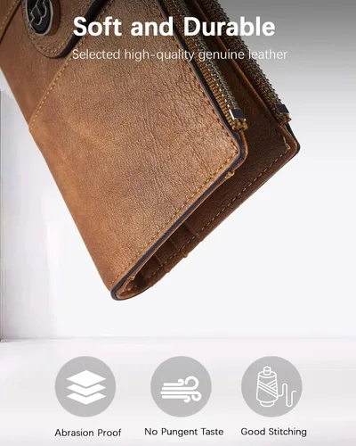 Vista 3 de BOSTANTEN Carteras de cuero para mujer con bloqueo RFID de gran capacidad, tarjetero triple para mujer