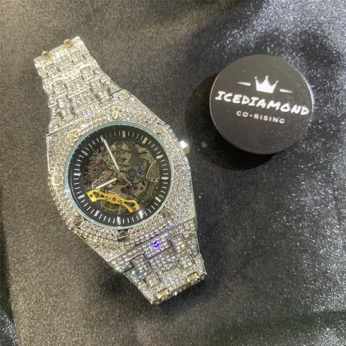 Vista 4 de ICEDIAMOND 43MM Iced Out Openwork Mechanical Automatic Wrist Watch, Full Shiny CZ Diamond Hand-Winding Skeleton Dial Luxury Watch for Men
