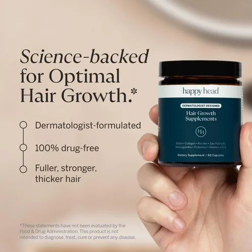 Vista 7 de Suplemento Happy Head para el crecimiento del cabello para hombres y mujeres – Cabello más grueso y abundante con Saw Palmetto, Ashwagandha