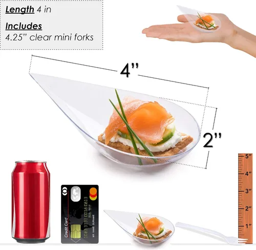 Vista 3 de DLux 100 mini platos de aperitivo en forma de lágrima de 4 pulgadas con tenedores, cucharas de plástico transparente reutilizables - platos