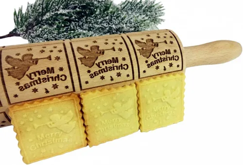 Vista 19 de Rodillo de amasar con relieve de ángeles navideños FELIZ NAVIDAD para decorar galletas de jengibre navideñas