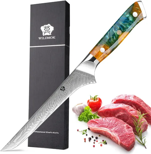 Vista 8 de WILDMOK Cuchillo deshuesador japonés de Damasco de 7 pulgadas, grado profesional, mango de espiga completa de resina Negro