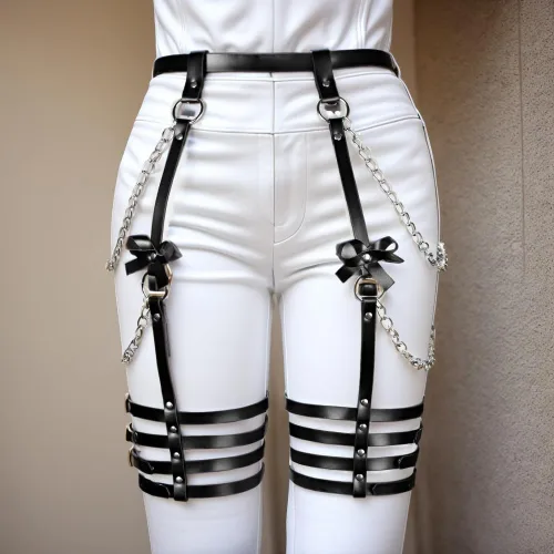 Vista 7 de Cinturón de cadena de cintura negro punk, liguero de cuero, leggings de cadena para el vientre, accesorios de joyería para el cuerpo para mujeres