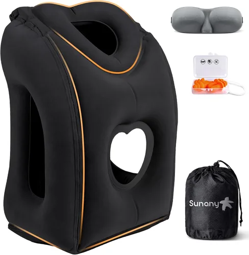 Vista 10 de Sunany Almohada de viaje, almohada inflable para el cuello utilizada para aviones/coches/autobuses/trenes/siesta de oficina con máscara de Negro