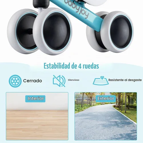 Vista 5 de BABY JOY Bicicleta de equilibrio, sin pedales, 4 ruedas, con asiento suave, como primer juguete de montar como regalo de cumpleaños, bicicleta