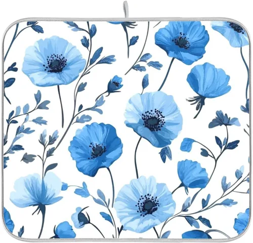 Vista 64 de Tapete de secado de platos de primavera naranja con flor de amapola para encimera de cocina, tapete escurridor absorbente de microfibra, tapete