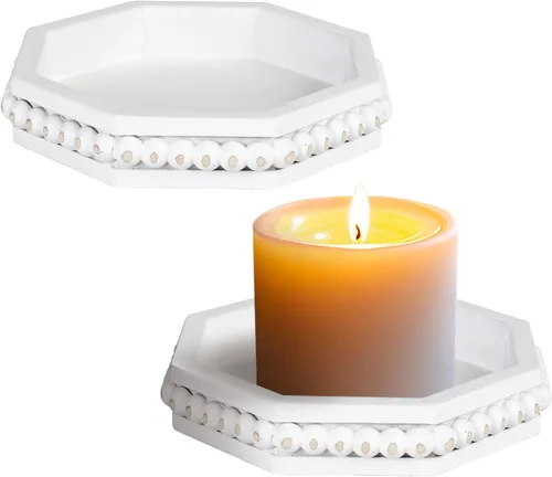 Vista 8 de Juego de 2 portavelas para velas de pilar, plato de vela de madera de granja, soporte de vela de madera rústica, bandeja de velas decorativa