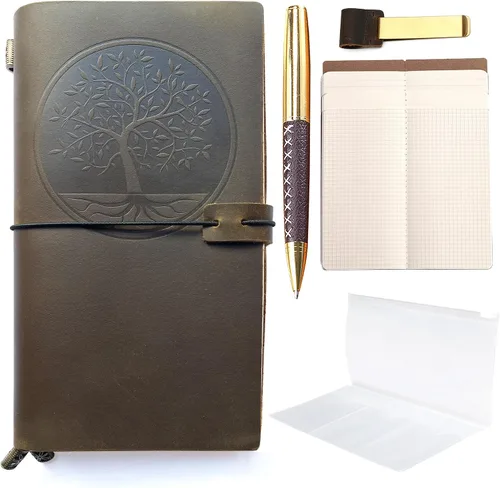 Vista 8 de Leather Refillable Journal, Travelers Notebook for Men and Women, Handmade Gift Set with Journal and Stylish Pen, Vintage Notebook, Sketchbook