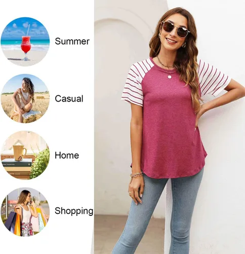 Vista 3 de Camisetas de verano de manga corta raglán a rayas para mujer