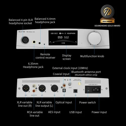 Vista 2 de aune S9c Pro DAC con amplificador de auriculares, entrada de reloj de 10 MHz, 32 bits/768 kHz/DSD512/MQA, chip de doble DAC, conector 6.35/XLR/4.4