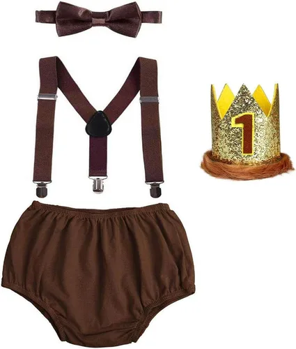 Vista 13 de Conjunto de ropa de bebé niño León Fox Cake Smash Wild One 1er cumpleaños Bloomers cubierta de pañales, tirantes y corbata de moño