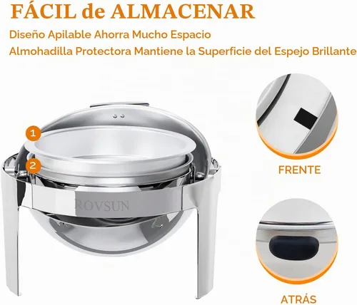 Vista 7 de ROVSUN Juego de Chafing Dish de Buffet con Tapa Enrollable, 6 QT Chafer Redondo de Acero Inoxidable para Catering, Servidores de Buffet y Plateado