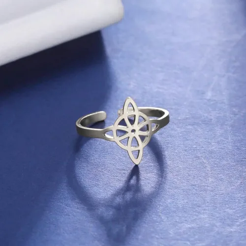 Vista 17 de UNIFT Anillo de nudo de bruja para mujer, de acero inoxidable, estilo geométrico, elegante, elegante, irlandés, nudo celta, ajustable, anillo